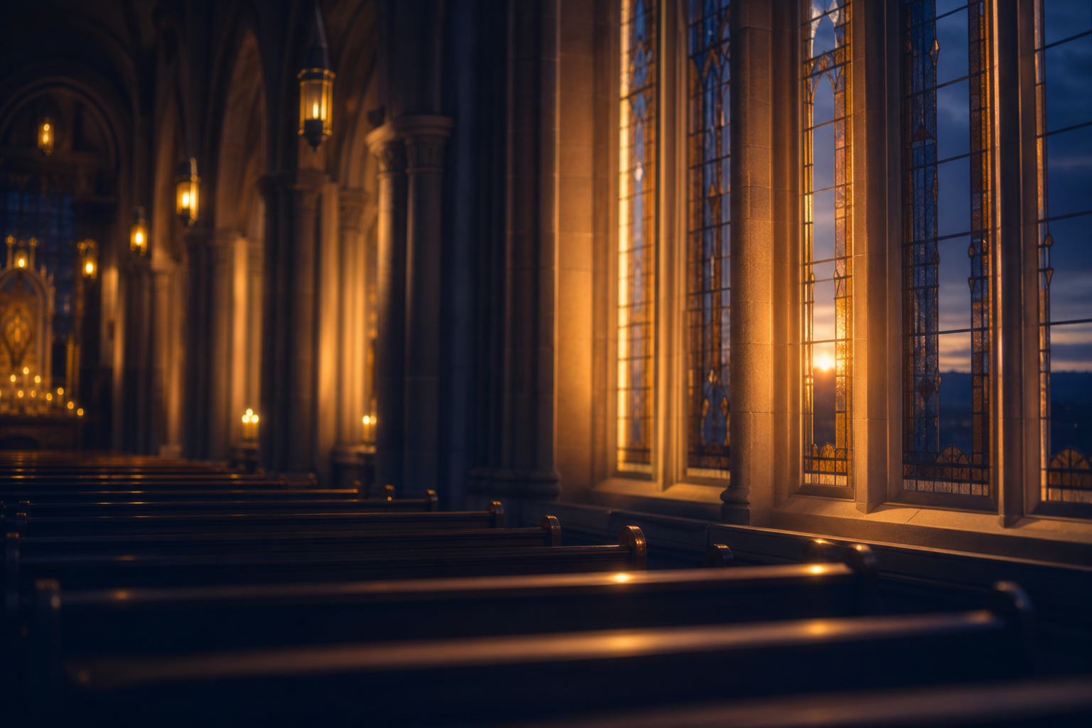 Warm light through sanctuary windows at blue hour
