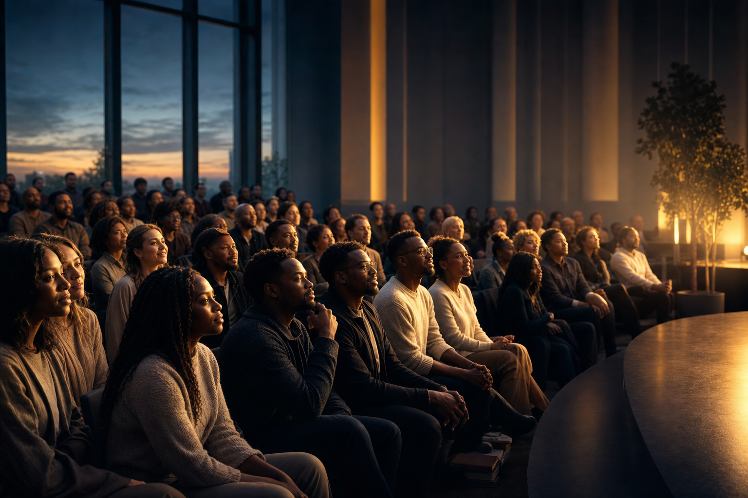 Congregation leaning forward together into warm golden light in a contemporary sanctuary