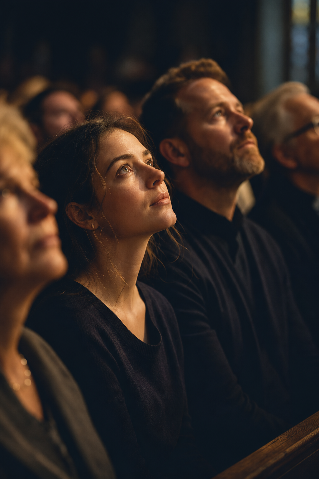 Soft golden light on listening faces in a quiet moment of reception