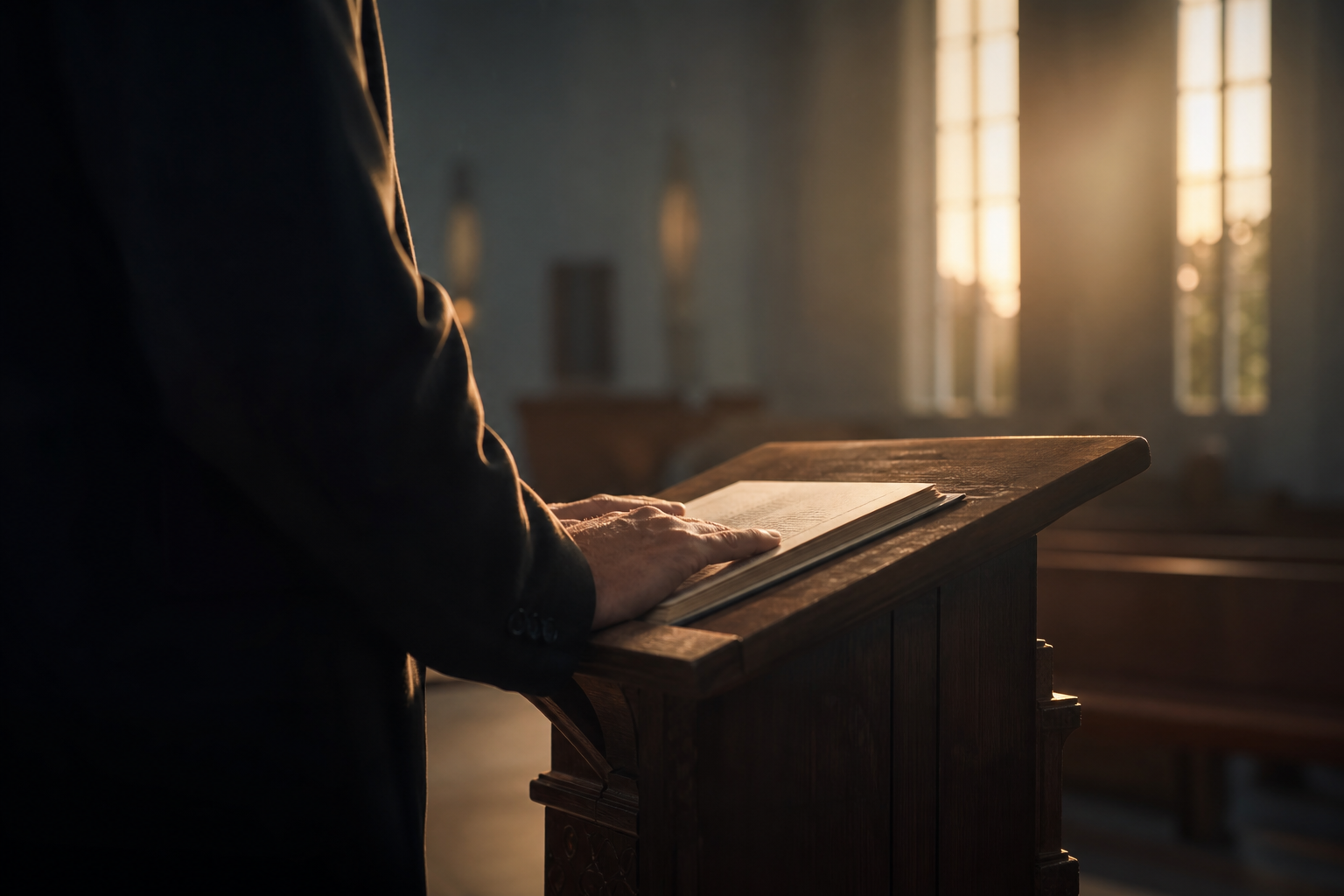 Quiet preparation before speaking — hands on notes in soft dawn light